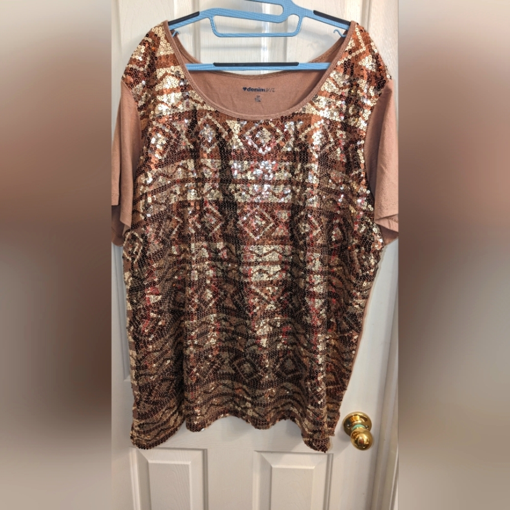 3X Gold & Brown Sequins Short Sleeve Top